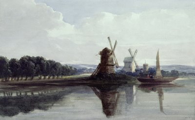 Windmills by a River by John Smeaton Chase